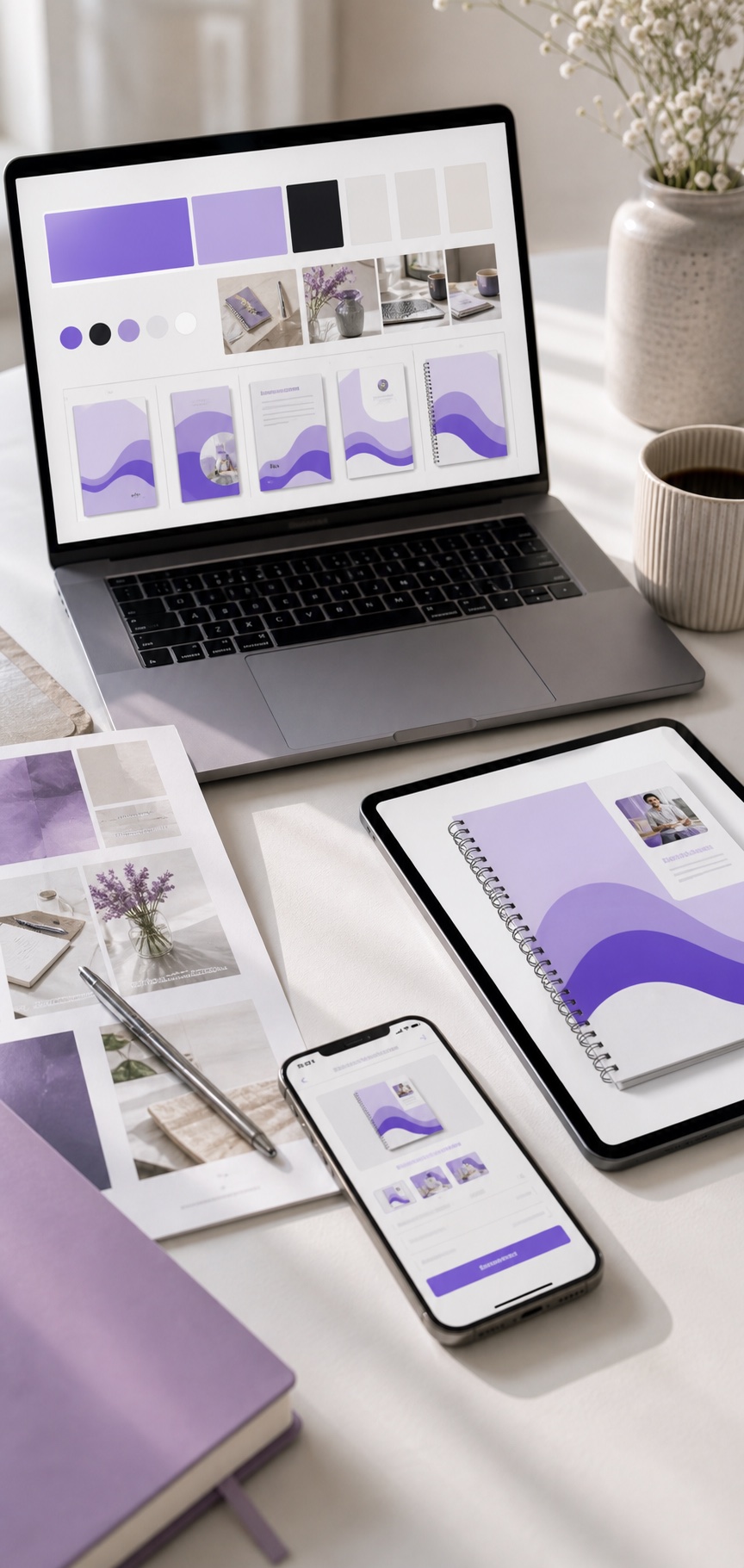 Realistic branded creator product workspace with custom course and workbook mockups