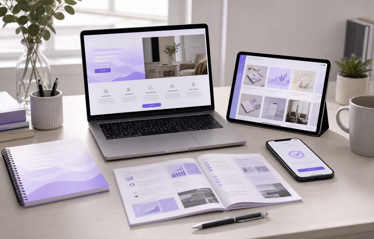 Realistic digital product suite with workbook course dashboard and checkout screens